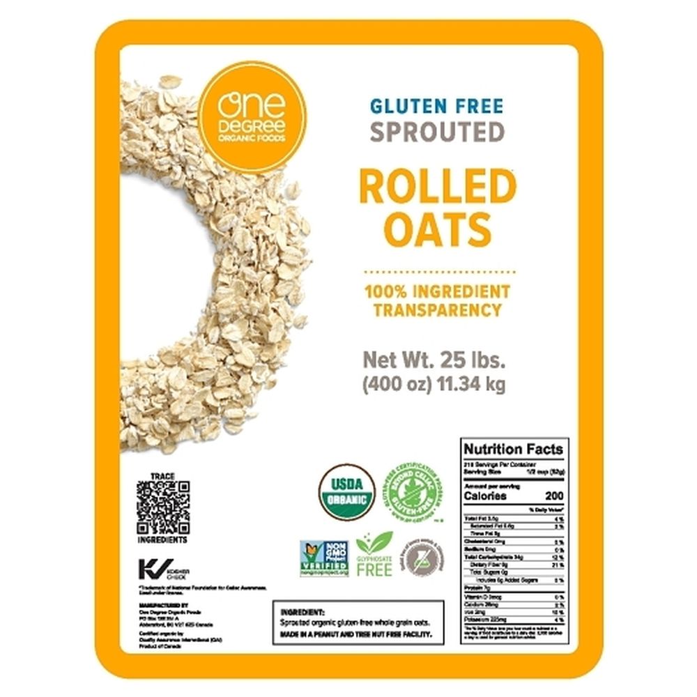 One Degree Organic Foods Gluten Free Sprouted Rolled Oats, 25 Pound