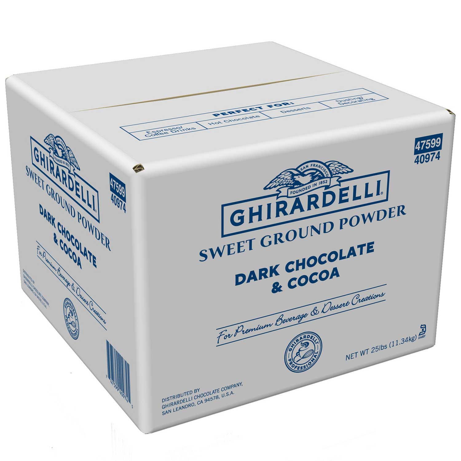 Ghirardelli Dark Chocolate And Cocoa Sweet Ground Powder, 25 Pound Bag