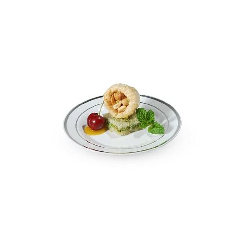 Fineline Settings Silver Splendor 6 Inch Polystyrene White Dessert Plate With Silver Foil Trim, 150 Count