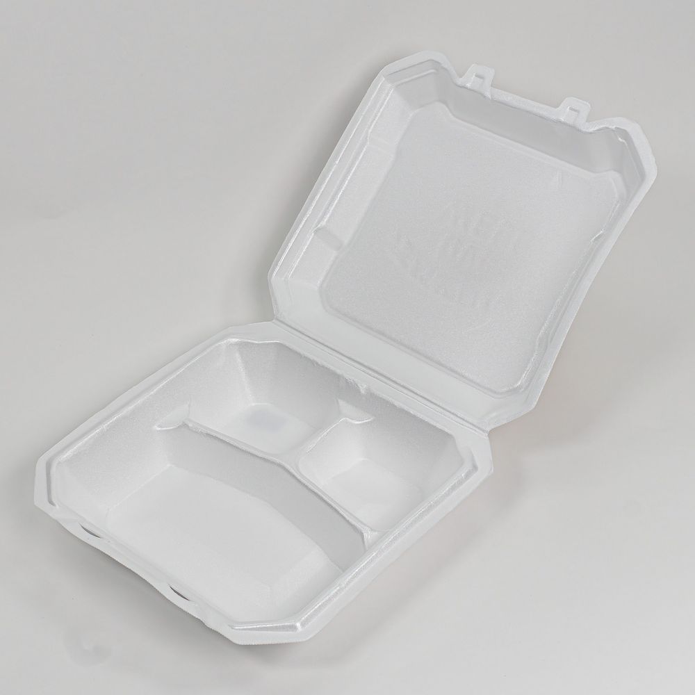 Convermex White Polystyrene 3 Compartment Hinged Foam Container, 9 X 9 X 3 Inch -- 200 Per Case