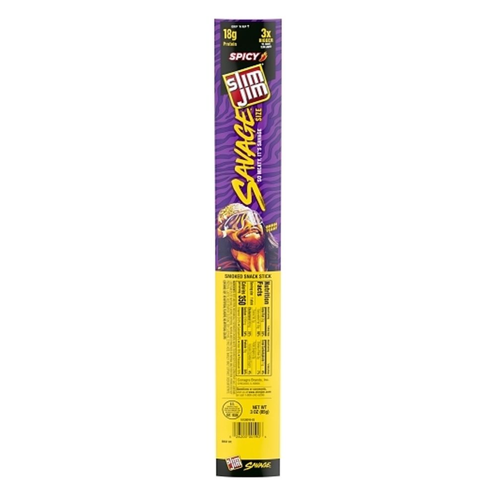 Slim Jim 3 Ounce Savage Size Smoked Spicy Meat Sticks, 12 Count -- 6 Per Case