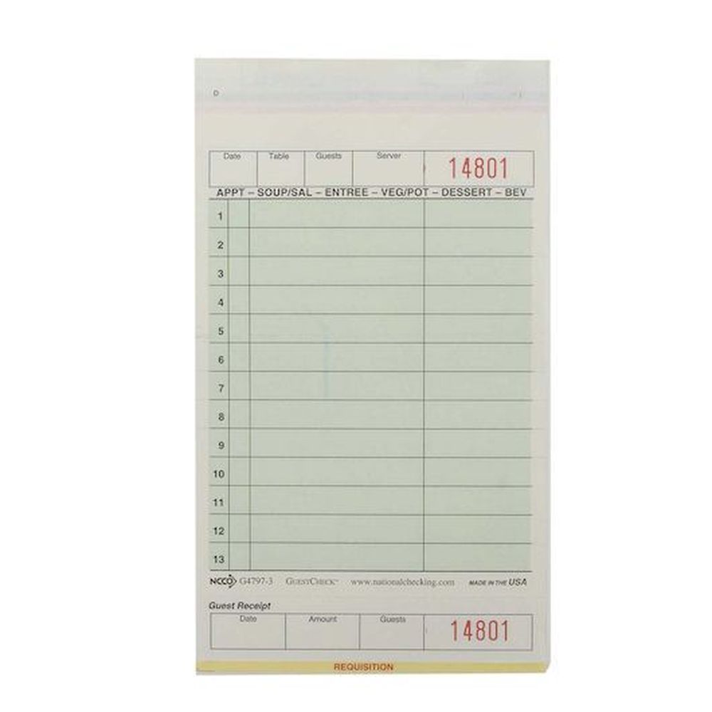 Ncco 4.2 X 7.25 Inch 3 Part Green Carbonless 13 Line Guest Check, 2000 Count