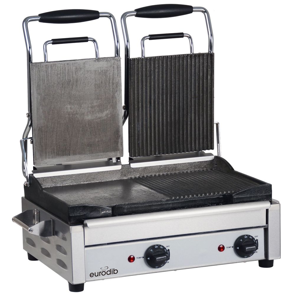 Eurodib Sfe Series240v Electric Left Side Flat / Right Side Ribbed Large Commercial Double Panini Grill, 15.4 X 18.7 X 9.3 Inch