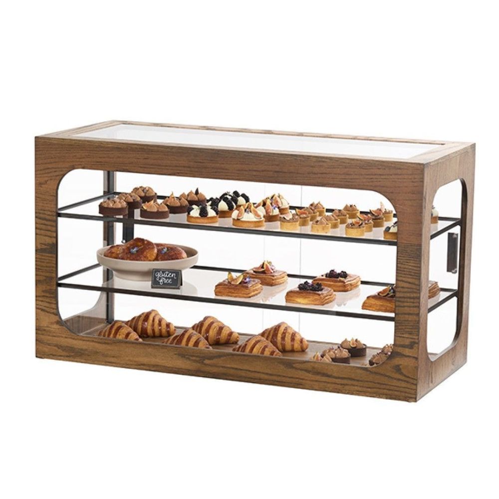 Cal-mil Melrose Collection Chocolate Brown Oak Wood Rectangle Three Tier Display Case, 18 X 42 X 23.5 Inch