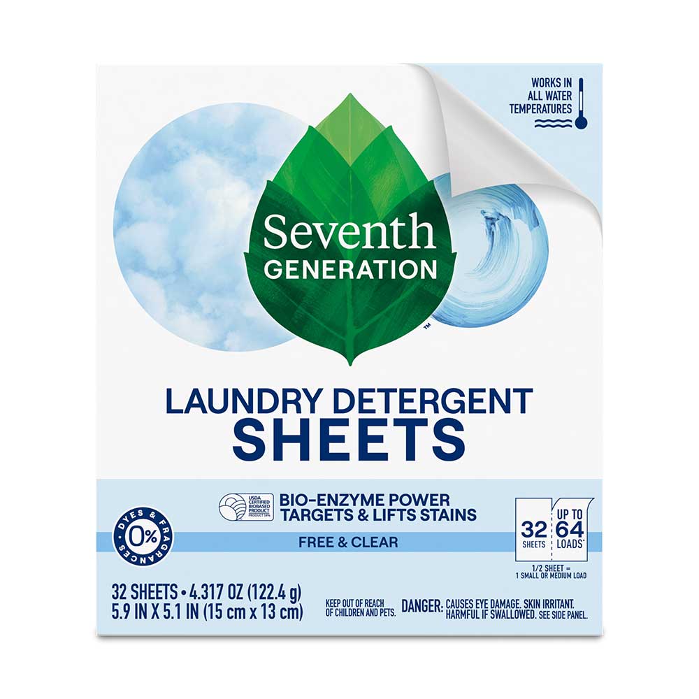 Seventh Generation Free And Clear Laundry Detergent Sheets, 32 Count -- 8 Per Case