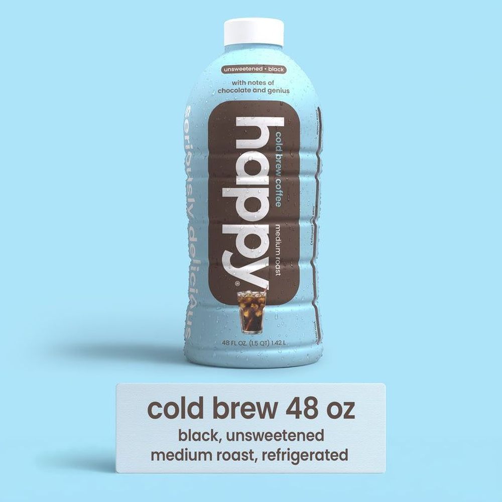 Happy Unsweetened Black Medium Roast Cold Brew Coffee, 48 Fluid Ounce -- 6 Per Case
