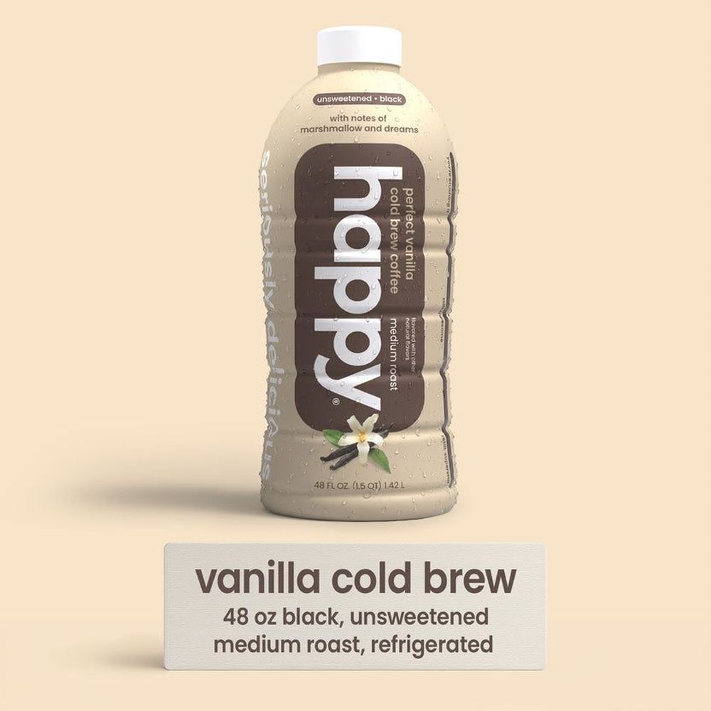 Happy Perfect Vanilla Unsweetened Black Medium Roast Cold Brew Coffee, 48 Fluid Ounce -- 6 Per Case