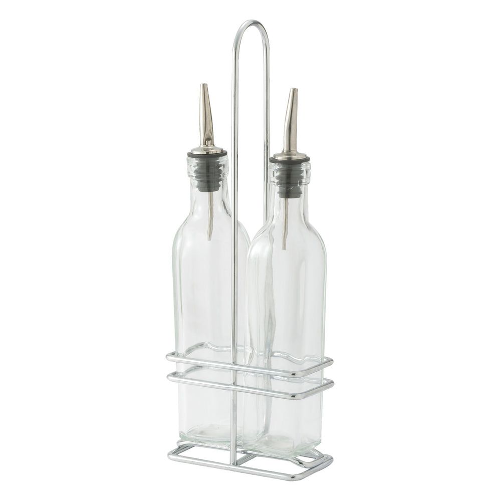 Winco Glass 2 Square 16 Ounce Oil Bottles With Lid And Chrome Plated Rack Set -- 12 Set Per Case