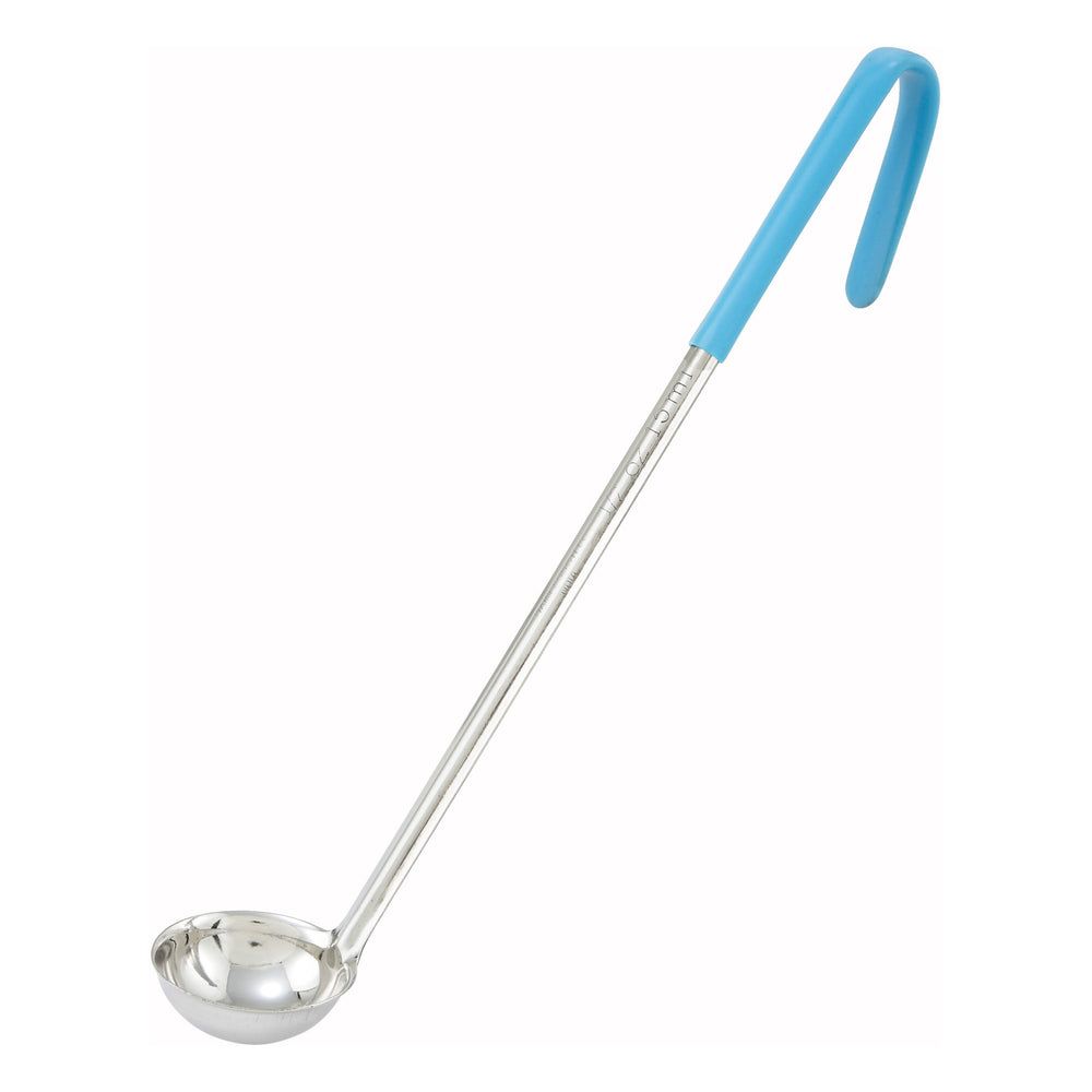 Winco Stainless Steel One Piece Ladle With 12.5 Inch Aqua Handle, 1/2 Ounce Capacity