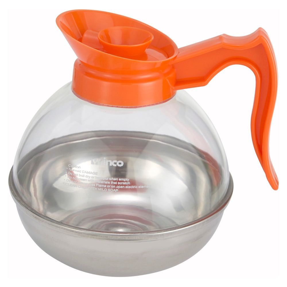 Winco Orange Decaf Glass Coffee Decanter With Stainless Steel Base, 64 Ounce Capacity