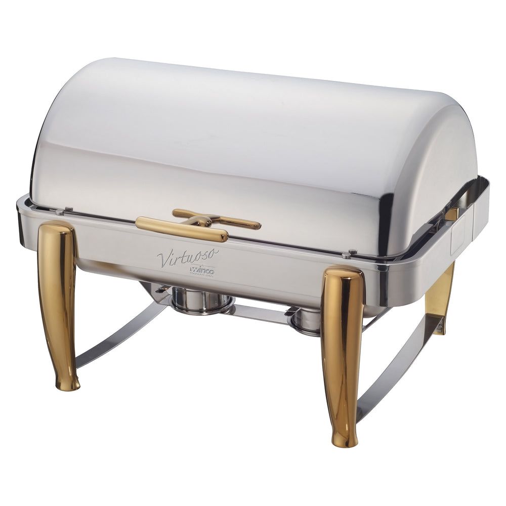 Winco Virtuoso Extra Heavyweight Stainless Steel Gold Accent Roll Top Full Size Chafer, 8 Quart Capacity