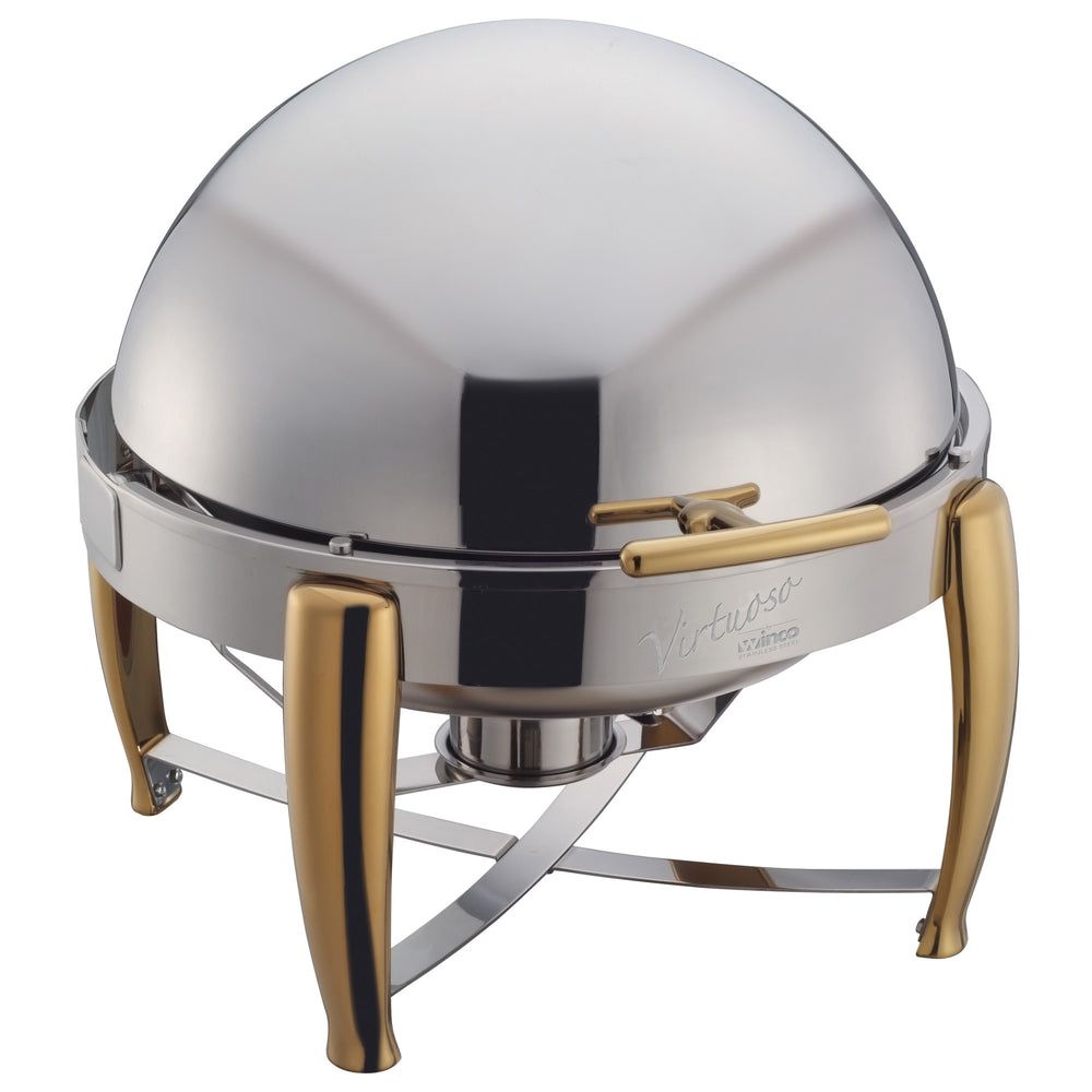 Winco Virtuoso Extra Heavyweight Stainless Steel Round Gold Accent Roll Top Chafer, 6 Quart Capacity