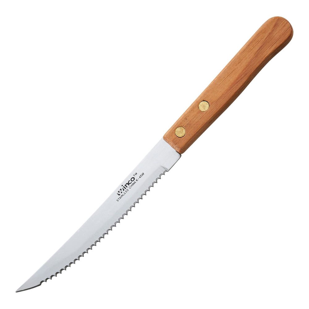 Winco Stainless Steel Pointed Tip Steak Knife With Wooden Handle, 4 1/2 Inch Blade -- 12 Per Case
