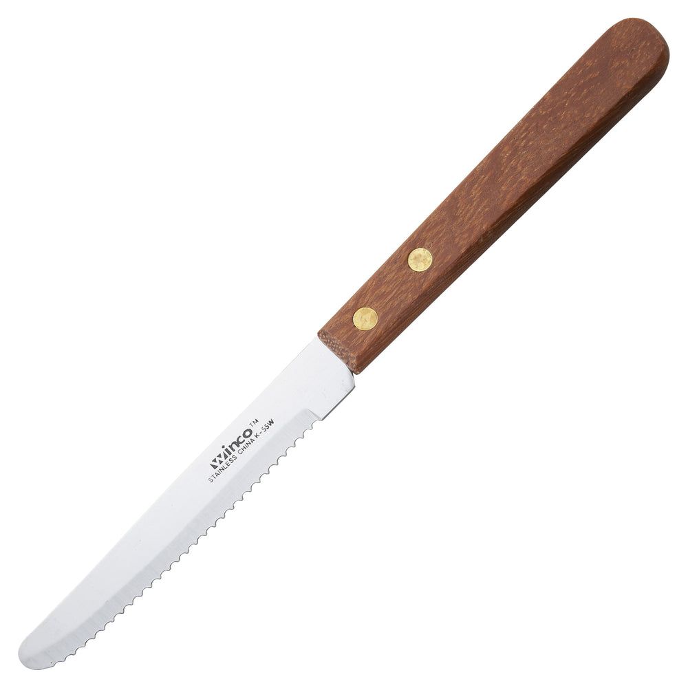 Winco Stainless Steel Round Tip Steak Knife With Wooden Handle, 4 1/2 Inch Blade -- 12 Per Case