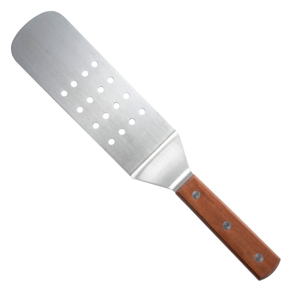 Winco Espátula Desplazada Flexible Perforada De Acero Inoxidable Con Acabado Satinado Y Mango De Madera, Hoja De 8 1/4 X 2 7/8 Pulgadas