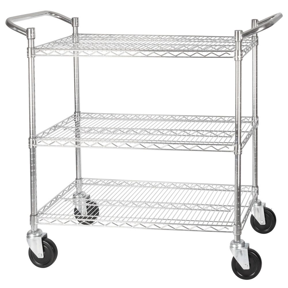 Winco Chrome Plated Double Handle 3 Tier Wire Shelving Cart With Brake, 24 X 48 X 42 Inch