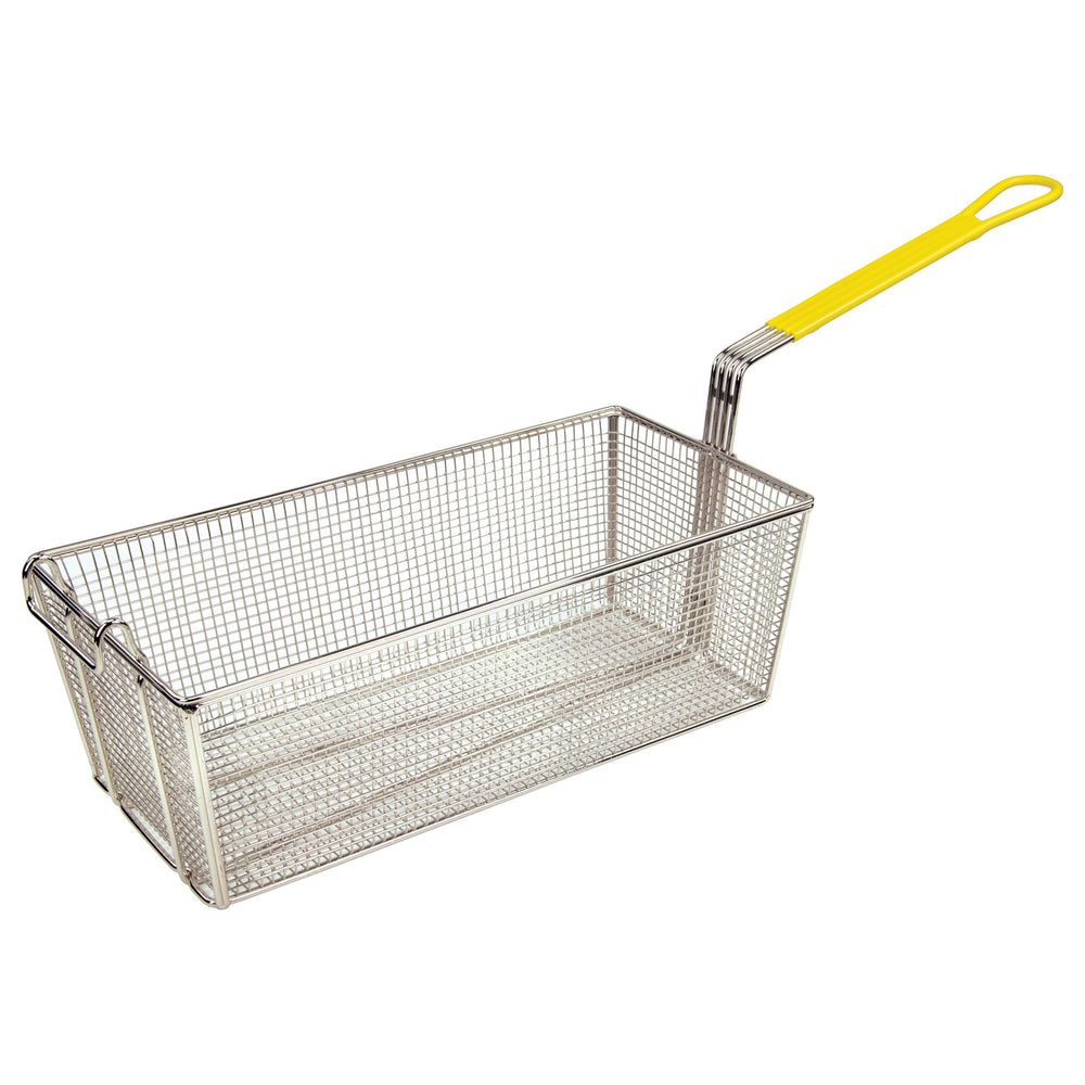 Winco Nickel Plated Fry Basket With 12 Inch Yellow Handle, 17 X 8-3/8 X 6 Inch