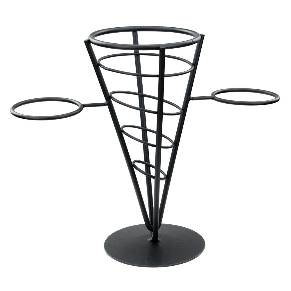 Winco Black Wire Single Cone French Fry Holder With 2 Condiment Cup Holders, 4 5/8 X 9 3/8 Inch