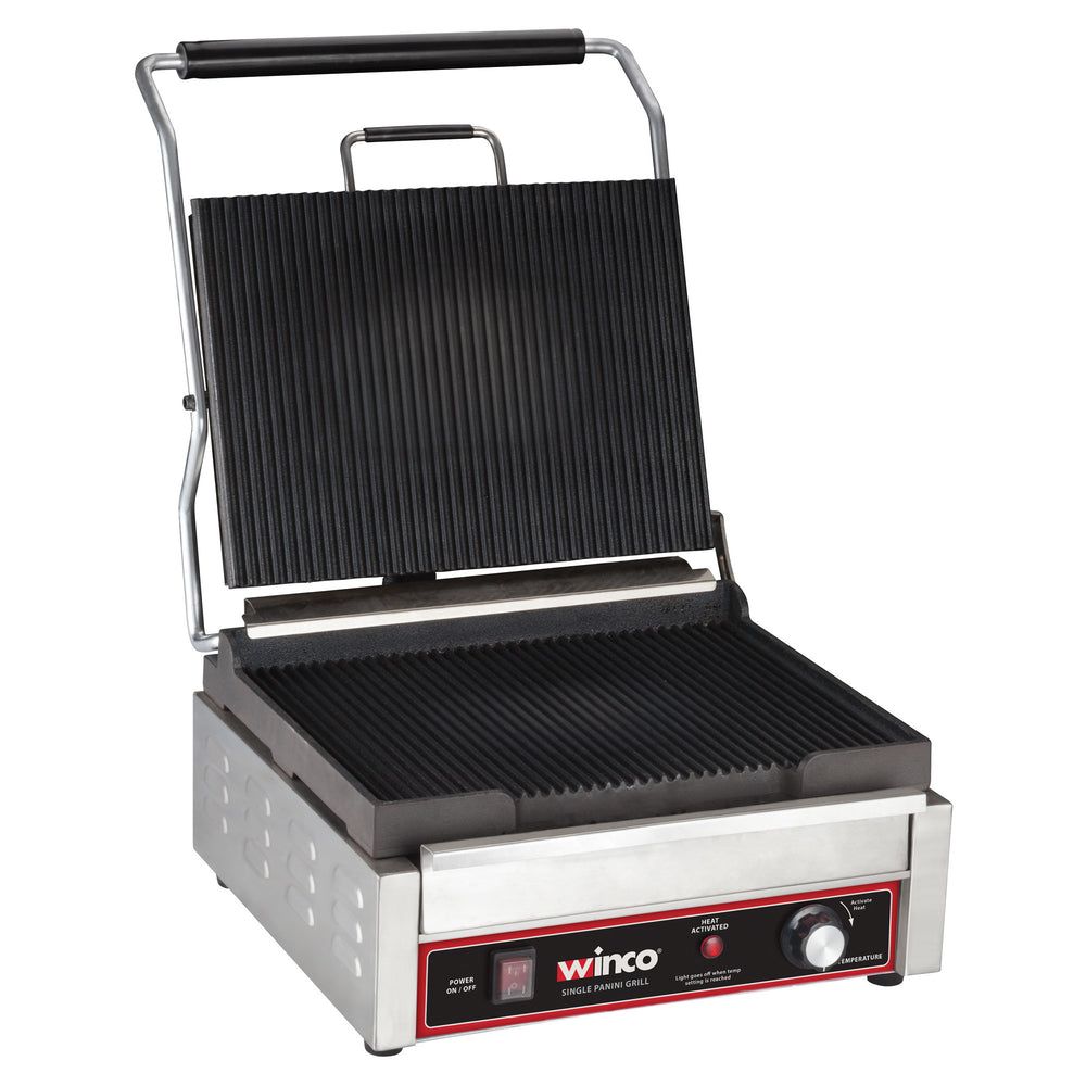 Winco Stainless Steel 1750w Ribbed Plate Single Panini Grill With Cleaning Brush Set, 16-1/8 X 14.75 X 9.75 Inch