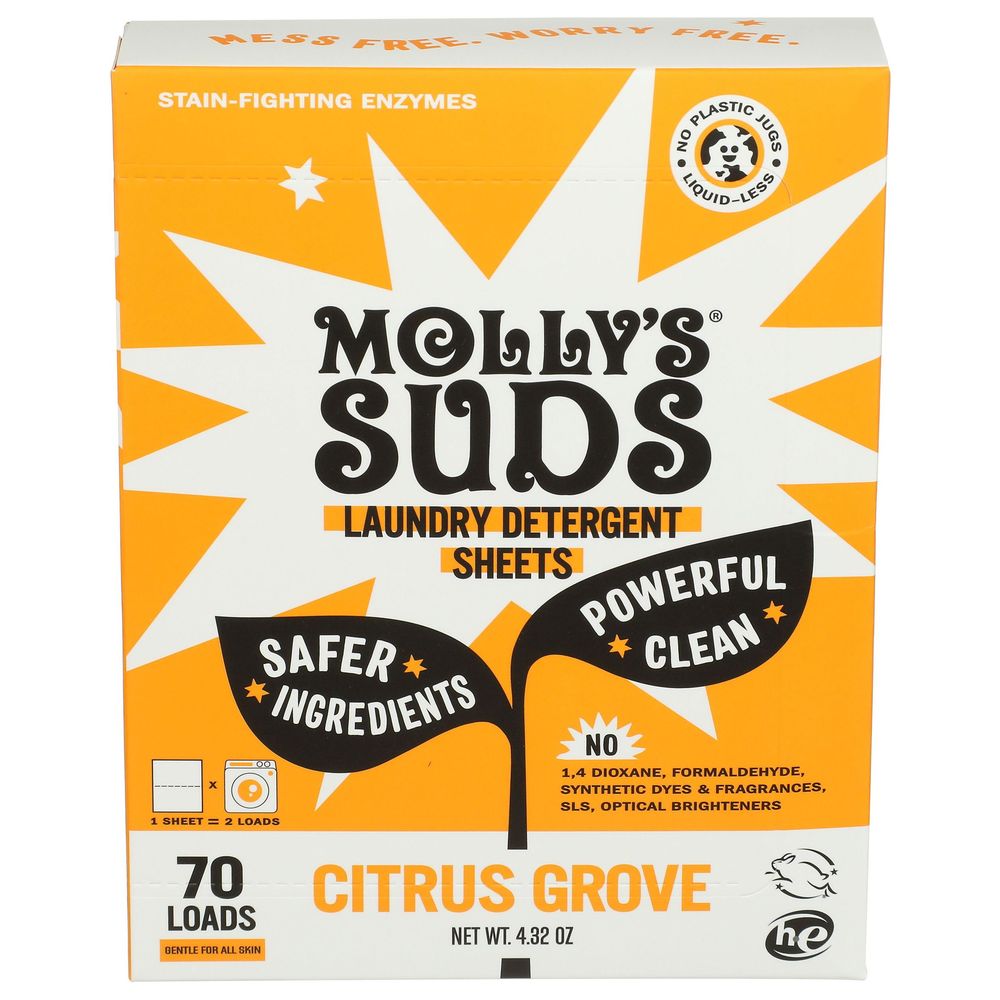 Mollys Suds Citrus Grove Laundry Detergent Sheets, 4.32 Ounce -- 6 Per Case
