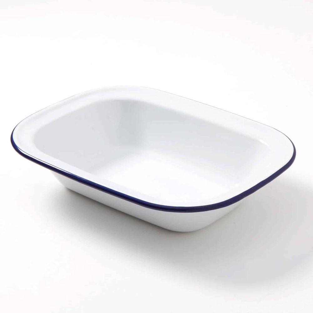 American Metalcraft White Enamel Oblong Bowl With Blue Rim, 32 Ounce Capacity -- 24 Per Case