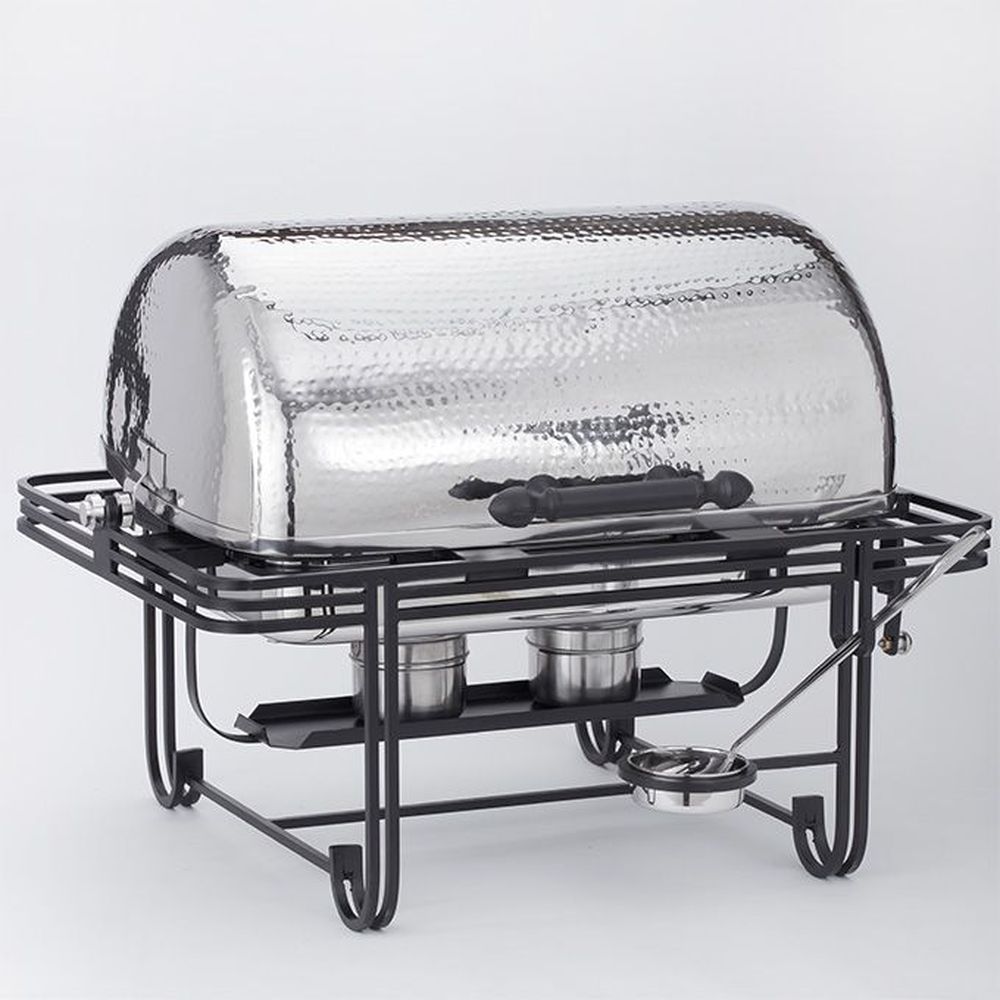 American Metalcraft Mesa Collection Hammered Stainless Steel Rectangular Roll-top Chafer With Wrought Iron Stand, 8 Quart Capacity