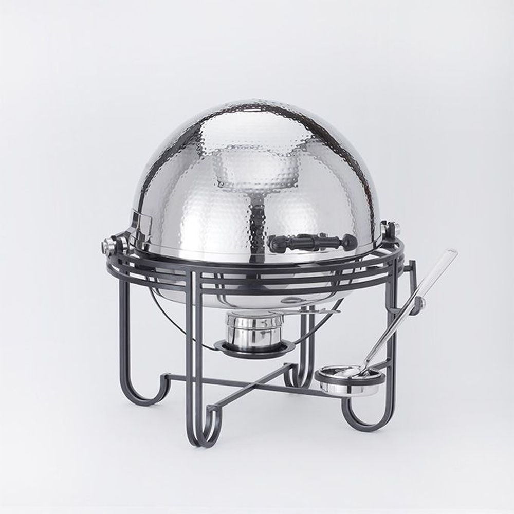 American Metalcraft Mesa Collection Hammered Stainless Steel Round Roll-top Chafer With Wrought Iron Stand, 6 Quart Capacity
