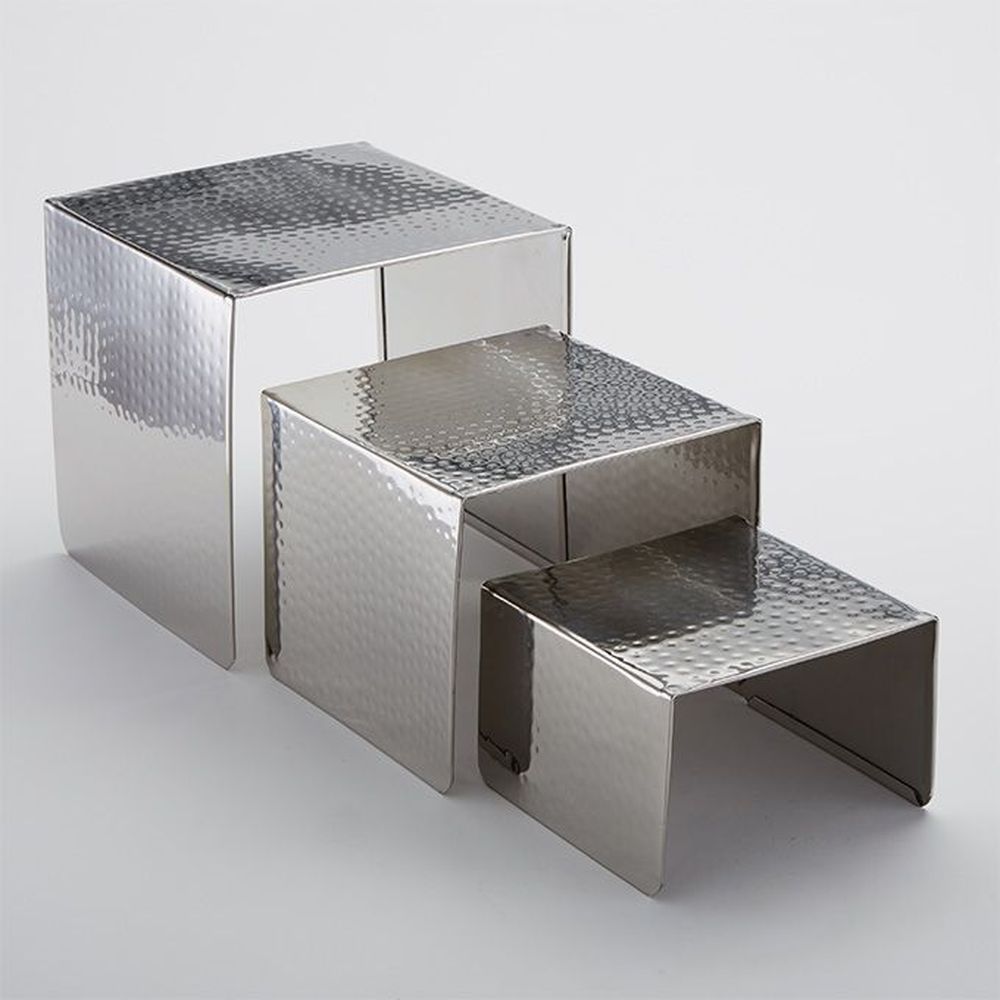 American Metalcraft Silver Hammered Stainless Steel Nesting Square Riser Set, Set Of 3 -- 6 Per Case