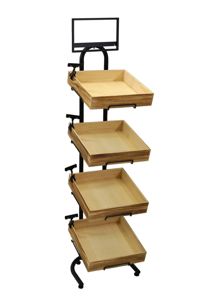 4-Tier Floor Display with Wood Crates and Sign Frame