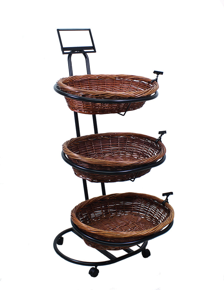 Mobile Merchandisers 3-tier Large Floor Display With 3 Oval Willow Baskets And 3 Sign Clips, 28 Inch Width X 61 5/8 Inch Height X 34 1/2 Inch Depth
