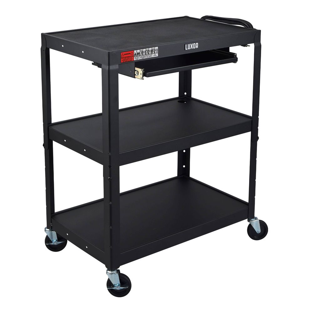 Luxor Leader Black Xl Adjustable-height Three-shelf Media Utility Cart With Pullout Keyboard Shelf, 32 X 20 X 24 To 42 Inch Height