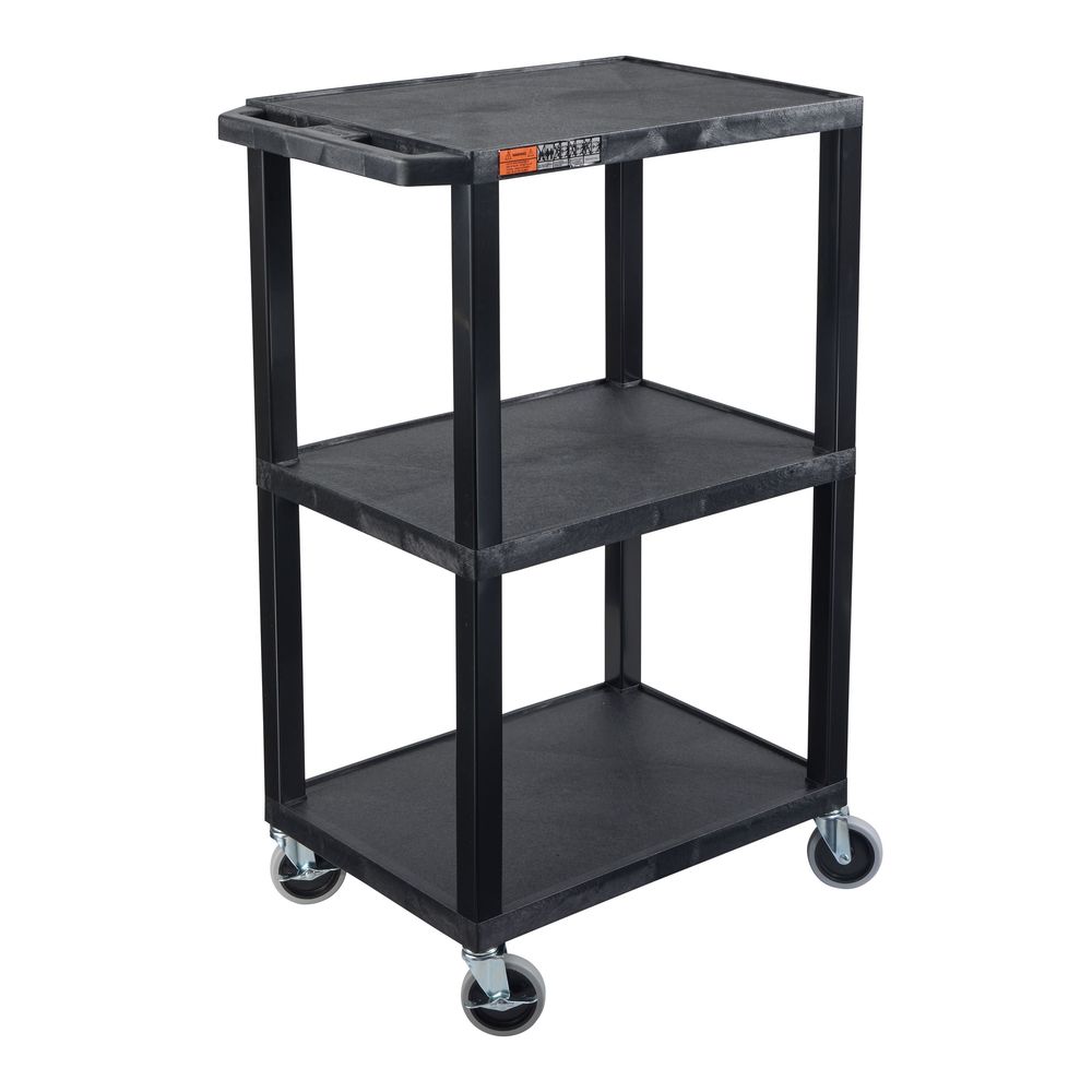 Luxor Tuffy Black 3-shelf Multi-purpose Utility Cart With Cabinet, Locking Drawer And Black Legs, 24 X 18 X 42.5 Inch