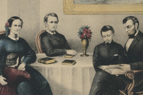 Painted portrait of Lincoln and his family seated at a table with books.