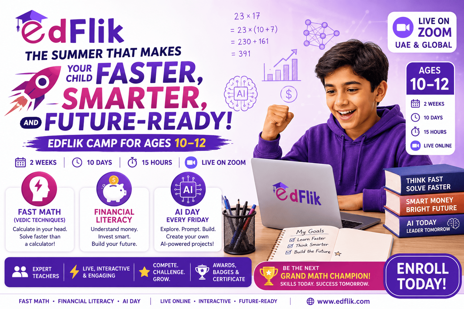 EdFlik Summer Camp UAE — Ages 10–12: Fast Math, Money & AI