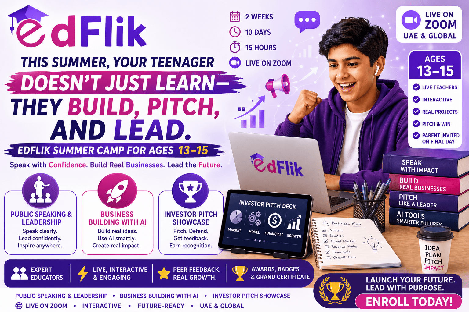 EdFlik Summer Camp UAE — Ages 13–15: Public Speaking, Business & AI