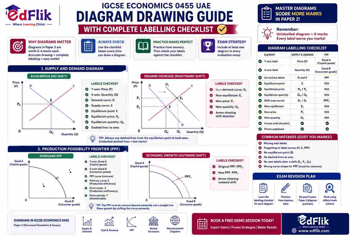 IGCSE Economics 0455 UAE — Diagram Drawing Guide with Complete Labelling Checklist
