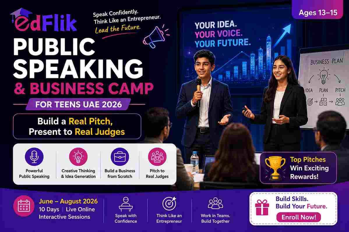 Public Speaking and Business Camp for Teens UAE 2026 — Build a Real Pitch, Present to Real Judges (Ages 13-15)