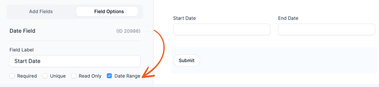 Datepicker Options - Enable Date Range in field options