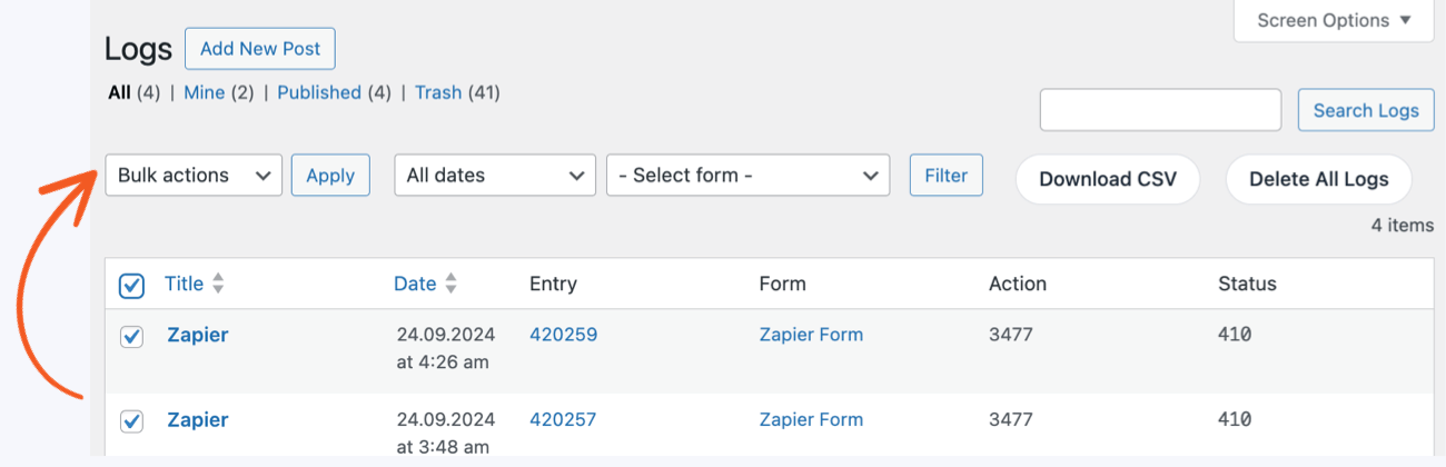 Bulk delete the logs with the Logs add-on