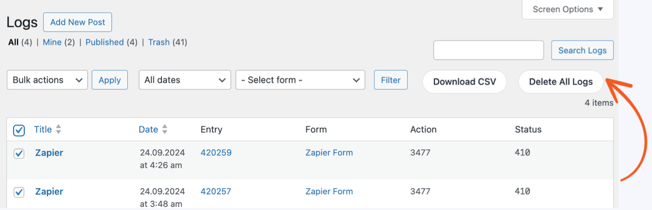Delete all the logs with the Logs add-on