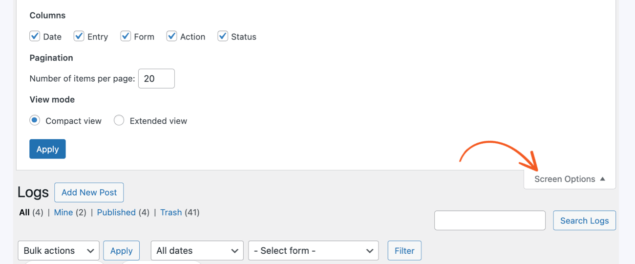 Use Screen Options with the Logs add-on