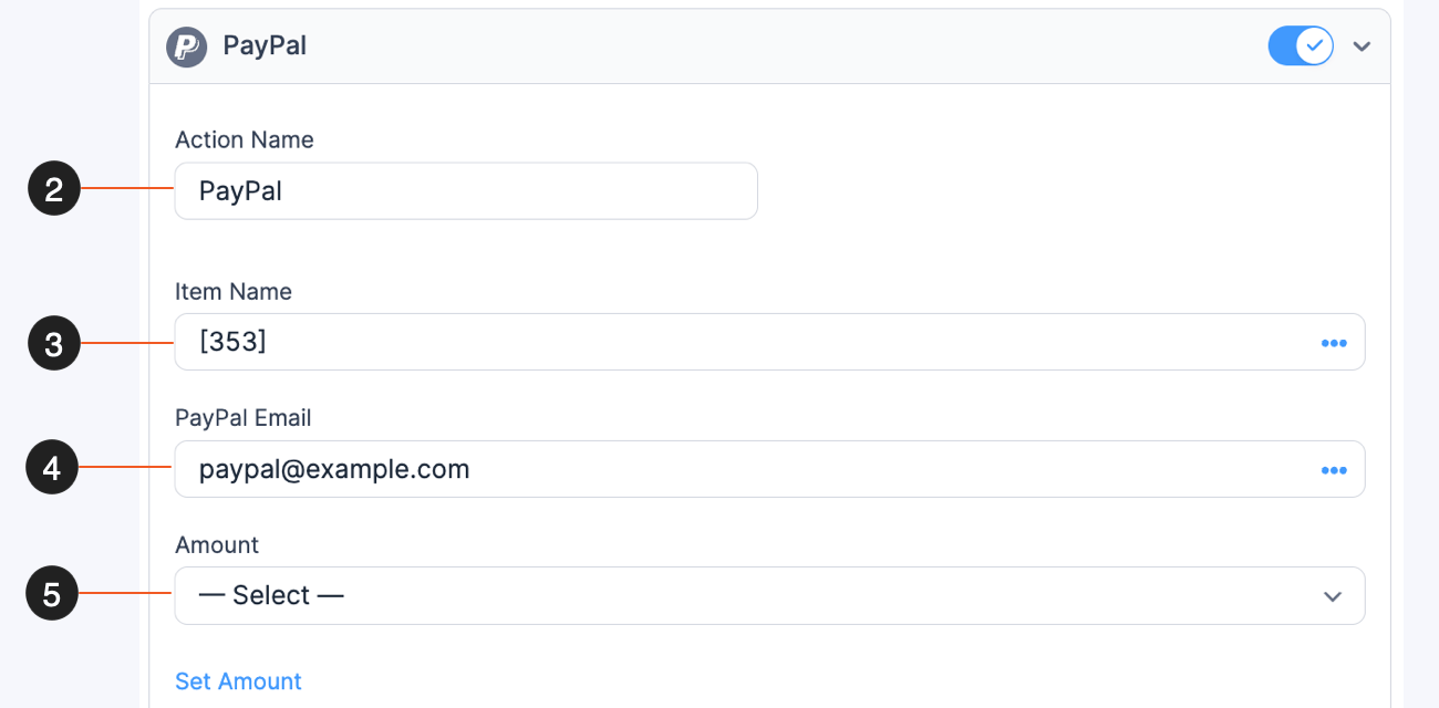 The PayPal action settings