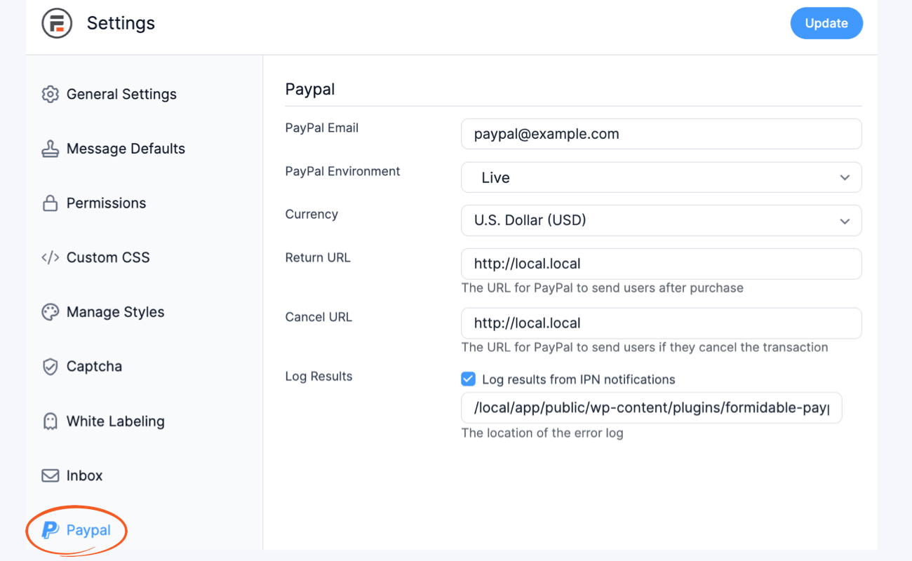 PayPal forms plugin Global Settings