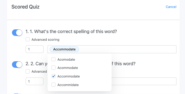 Online quiz score with weights