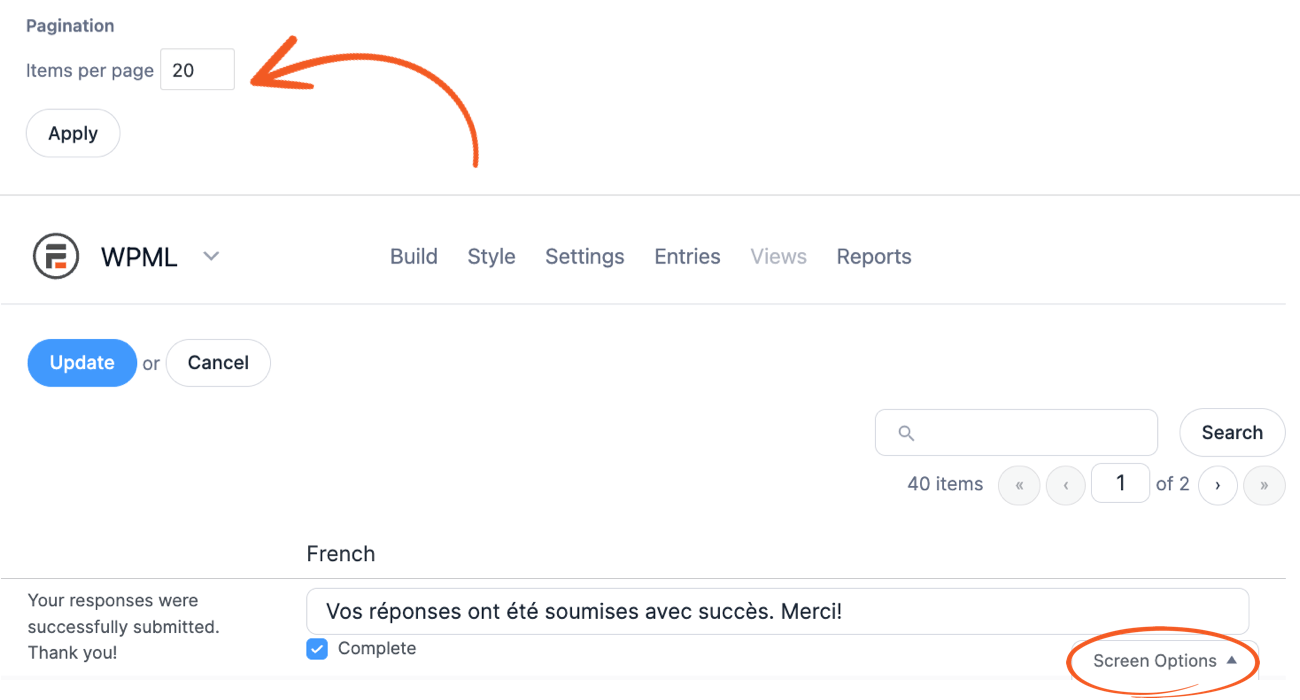 Change pagination elements in WPML Translation page
