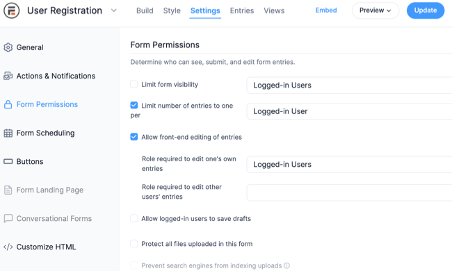 An example of customized user registration permissions.