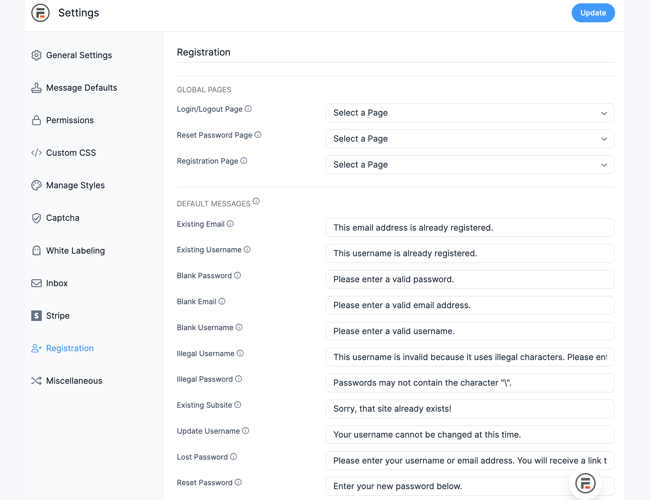 The global settings for the Registration module, which you can use to customize the WordPress enable user registration function.