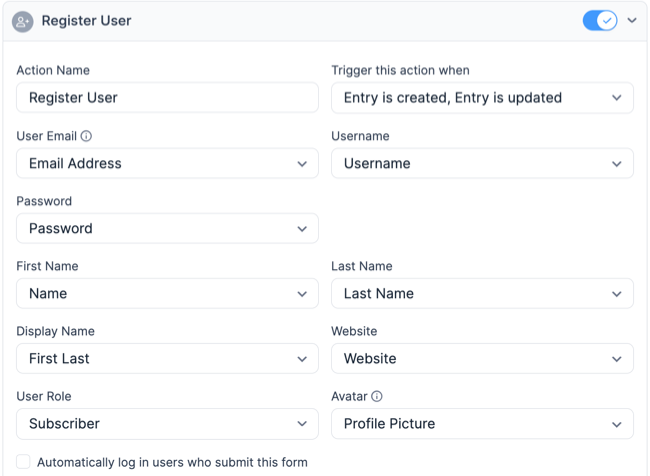 The WordPress user Registration action menu.