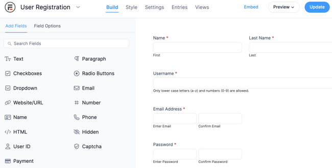 An example of the User Registration template for new user login registration