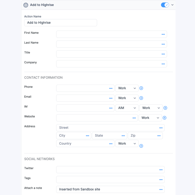 Highrise CRM form - Set up Form Action